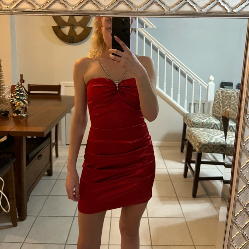 Red satin short formal dress